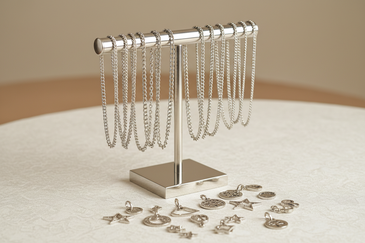 Make me an image of stainless steel bracelet and necklace chains hanging on jewelry display with charms on a table around it 